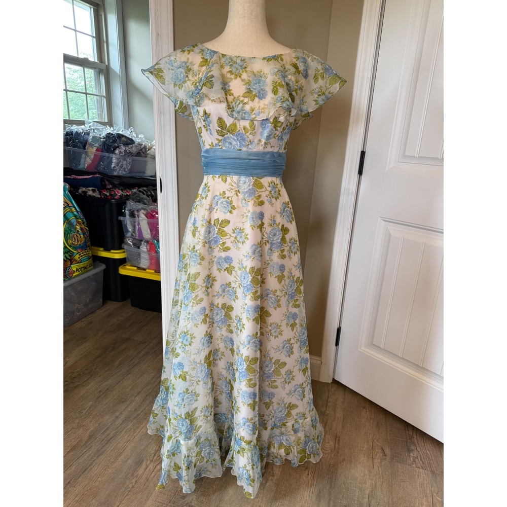 Vintage Sylvia Ann Blue Floral Maxi Dress Ruffle Collar Sash ILGWU Size 8